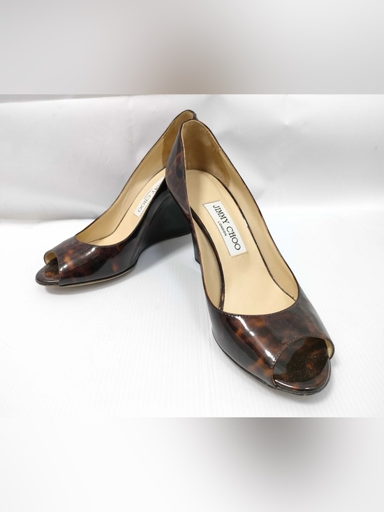Jimmy Choo Shoes - Jimmy Choo Tortoiseshell Patent Peep-Toe Wedge Heels
